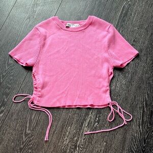 Zara, pink ribbed, cotton tee with side slits and strings size small